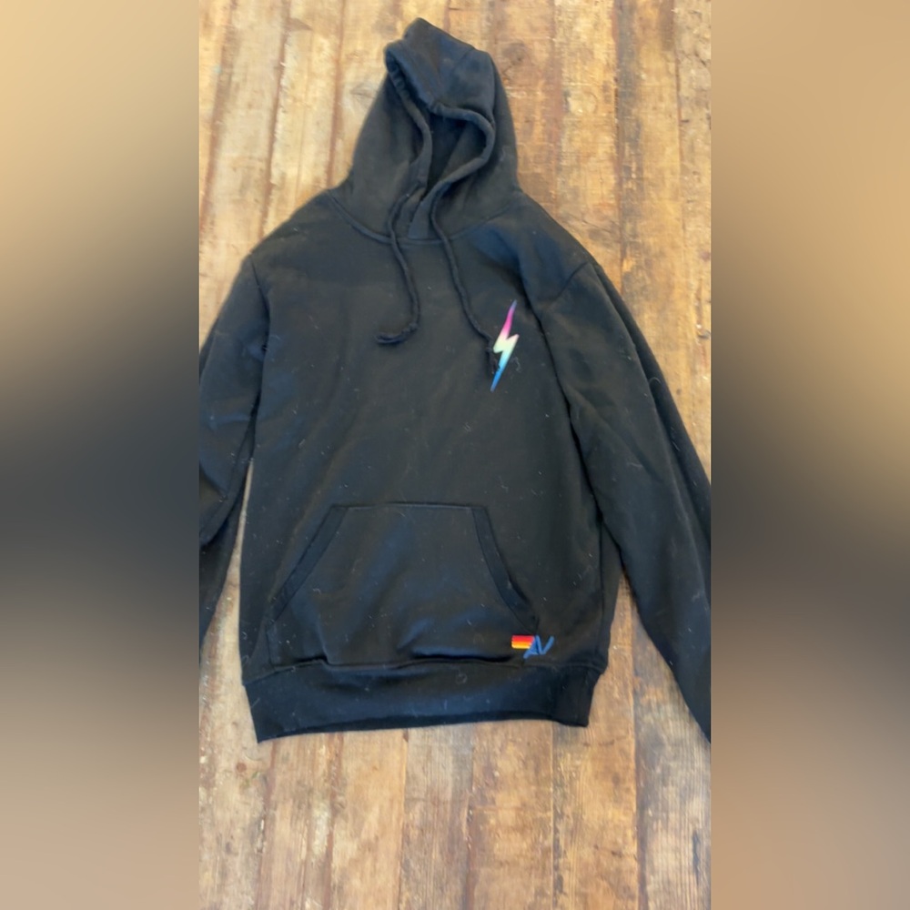 Aviator Nation Black Hoodie with Rainbow Lightning Bolt